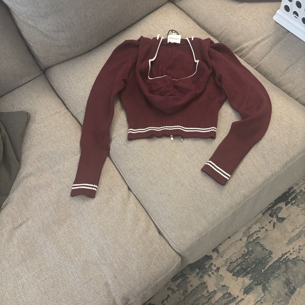 Pink Rose Maroon Zip Hoodie with White Trim - Picture 3 of 6